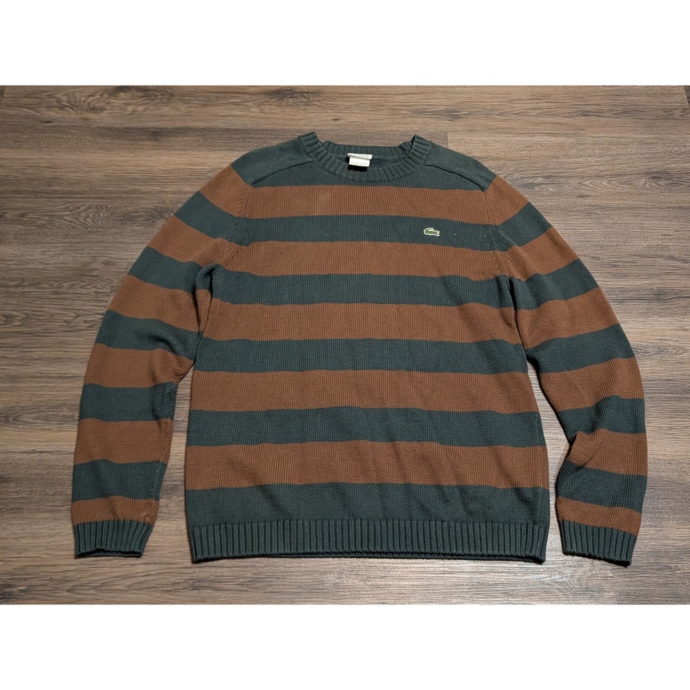 Lacoste Mens Striped Crewneck Sweater Green Brown Logo Size 3 RN 87651